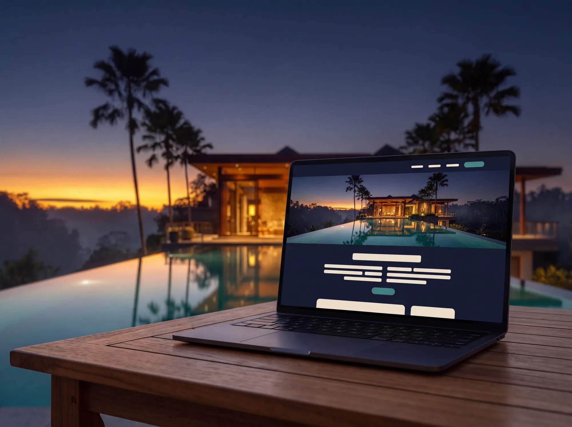 Laptop on a teak table beside a villa pool, showing a dark villa website